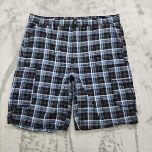 Basic Editions Short Mens 36 Blue Black Plaid Cargo Utility Preppy Skater Casual